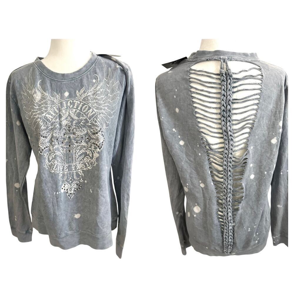 AFFLICTION Diamond Creek Long Sleeve Crewneck Rhinestone Braided Back Sz XL NWT